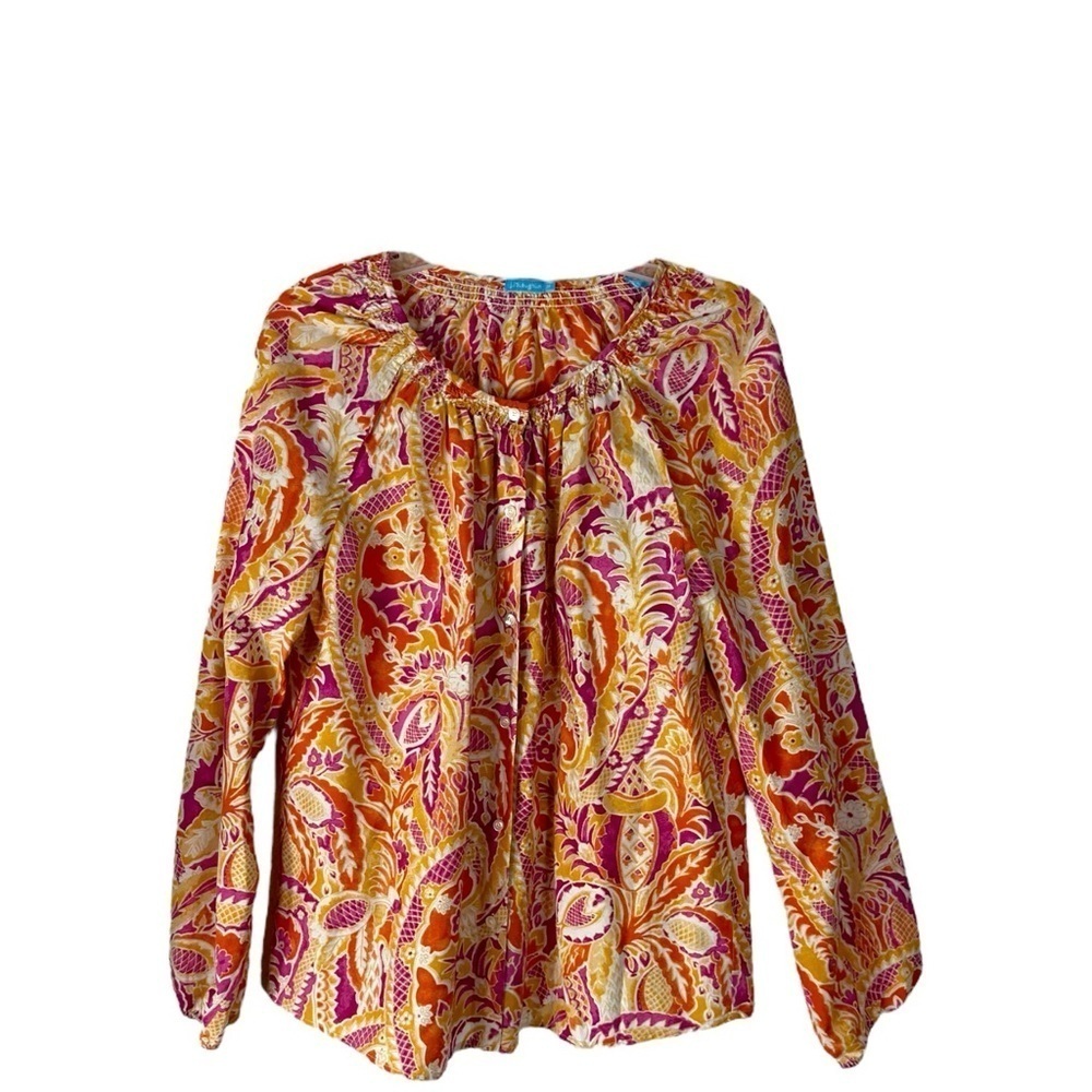 J. McLaughlin Cotton Silk Blend Smocked Neck Long Sleeve Peasant Top Medium